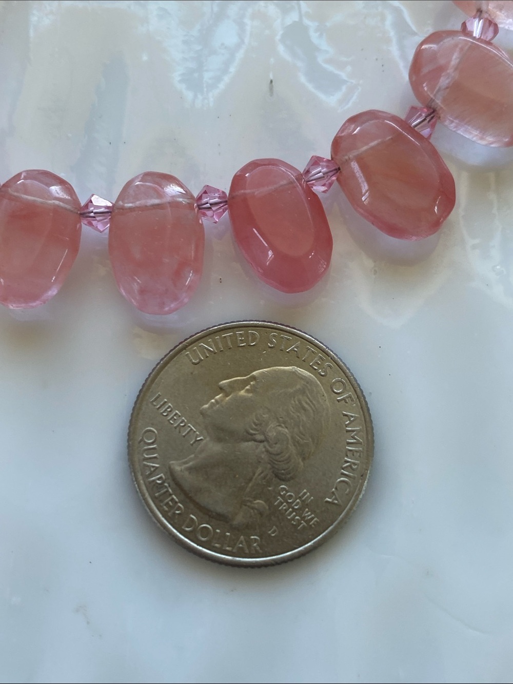 Rose Quartz Bead hand strung Bracelet with crystal accents. Fit up to 7.5 inches - Picture 8 of 10